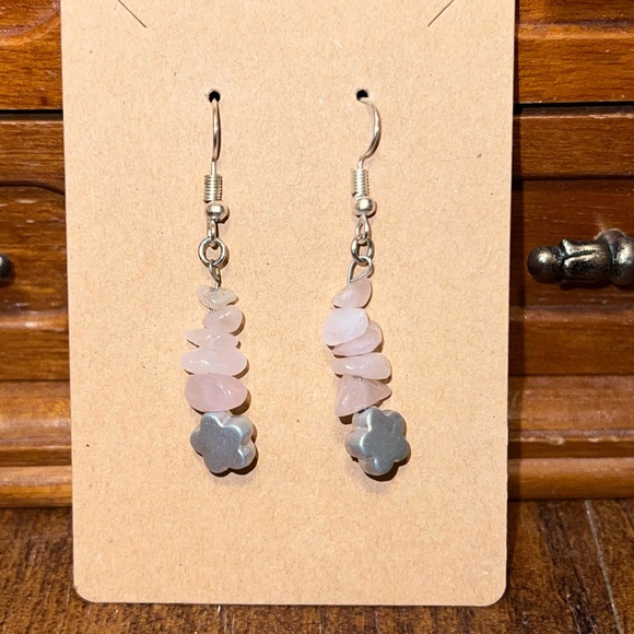 Vintage Pink Rose Quartz Silver Star Pendant Dangle Earrings - Picture 1 of 7